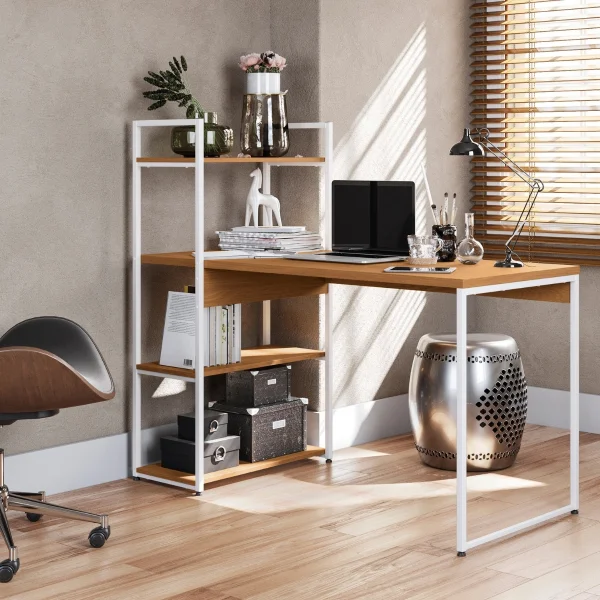 Escrivaninha Industrial Office C/ Estante E Prateleiras Canela/Branco